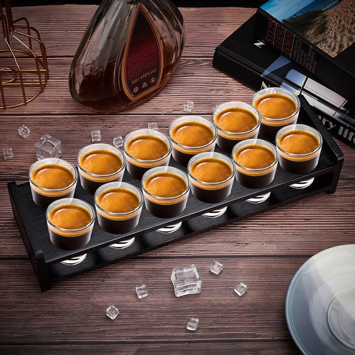 12 Shot Glass Houder van Bamboe, 3.8cm Gaten, Organiser voor Shotglazen en Wijnglazen, Ideaal voor Feesten en Bars, Zwart