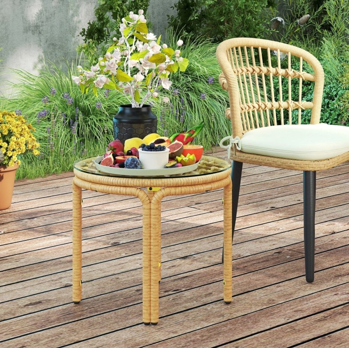 MEUNIQ ronde bijzettafel voor buiten Ø50 x H44 cm met gehard glazen tafelblad en polyrattan look, tuintafel voor balkon, terras of tuin, geel