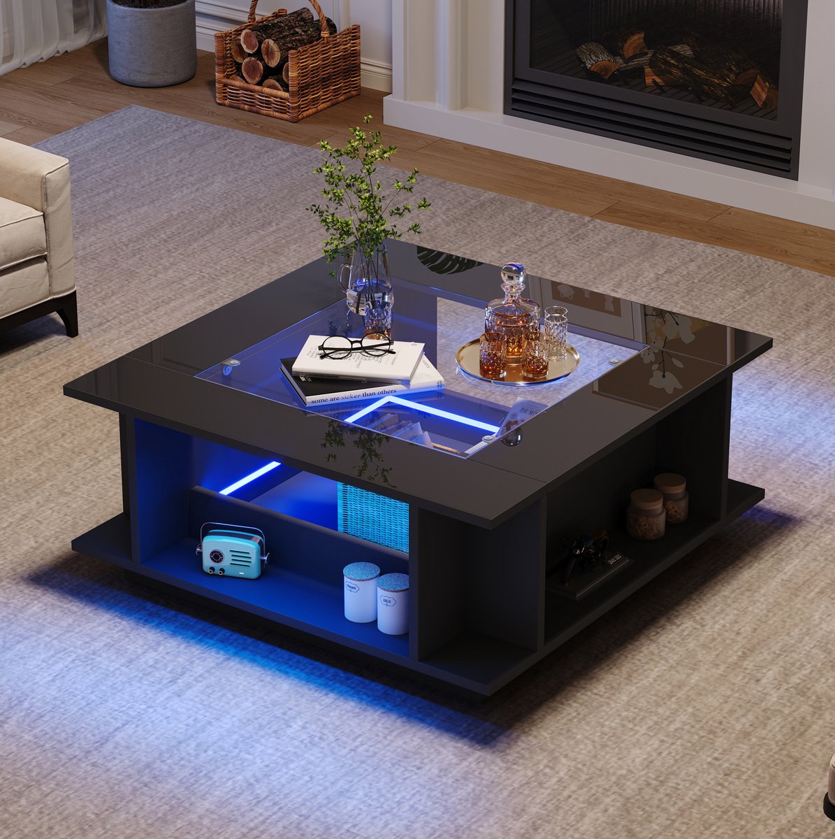 STILVORA Salontafel - Vierkante Koffietafel Met Glasplaat En LED-Verlichting - Met Opbergruimte Voor Woonkamer - Zwart - 70x70x30 Cm