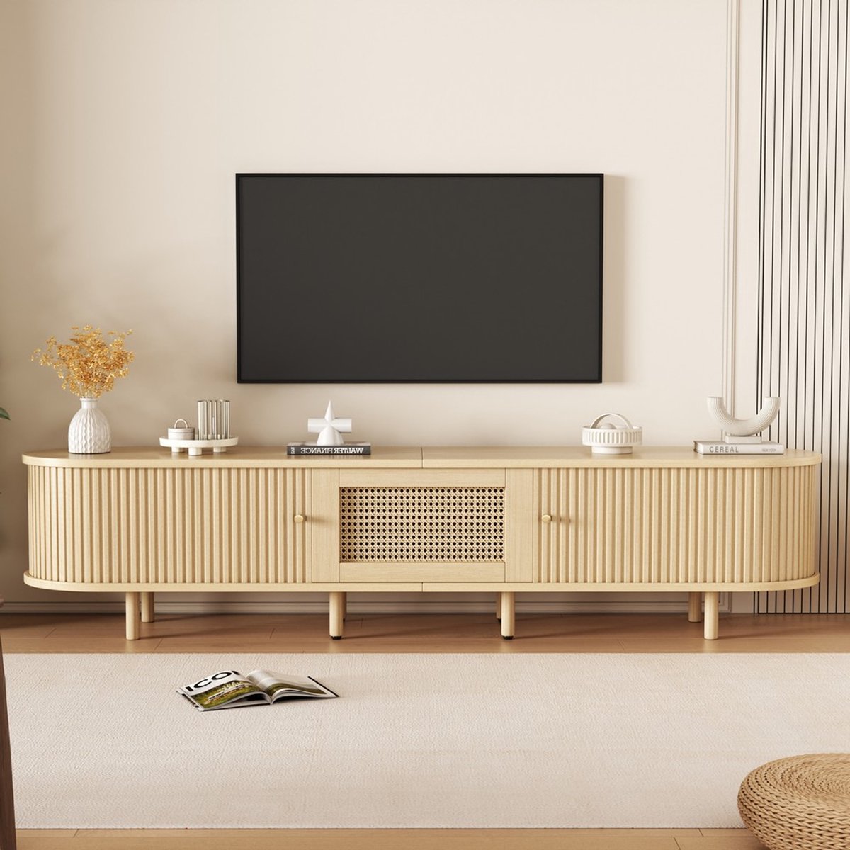 KOMHTOM TV-meubel - Lowboard - Roldeur - Lade - Geschikt voor 75 inch - MDF - Houtkleur - Modern Design - Woonkamer - 180x40x40 cm