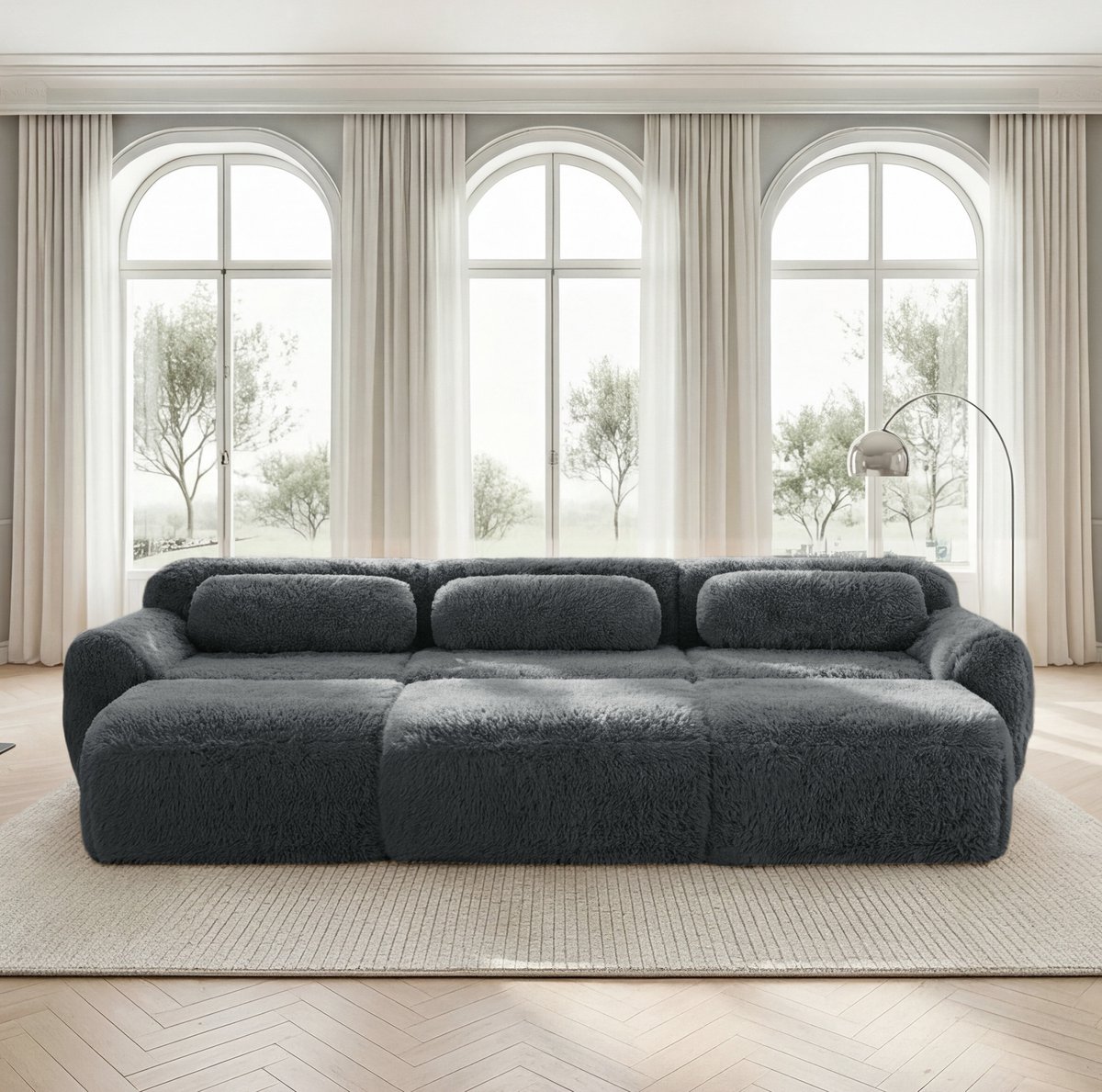 DESMIU Slaapbank 291 x 179 x 73 cm - Modulaire 3-Zits Met 3 Ottomans En Zachte Cloud Zitervaring - Voor Woonkamer - Pluche Grijs