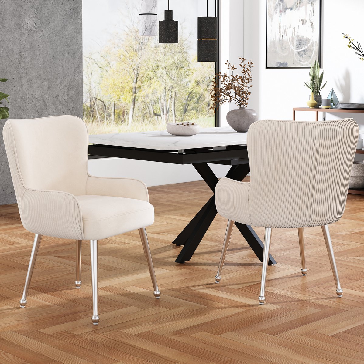 DESMIU Eetkamerstoel - 57 x 49 x 83 cm - Met Armleuningen En Lendensteun - Voor Eetkamer, Woonkamer En Slaapkamer - Velvet - Beige