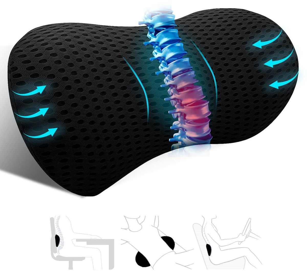 Rugkussen - Ergonomisch Traagschuim Lendenkussen - Lendenkussen - Lendensteunkussen - Supporting Foam Rugkussen - Rugkussen Onderrug - Rugkussen Stoel - Rugsteun - Ergonomisch Rugkussen Voor Auto En Bureaustoel -Zwart, 45*23*10cm