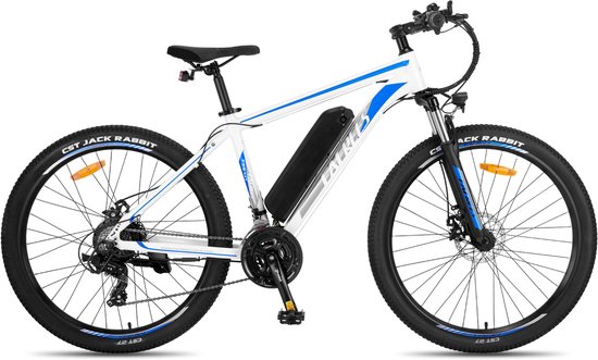 Zijaanzicht van een witte elektrische fiets met blauwe strepen, zwarte banden en een accupack.