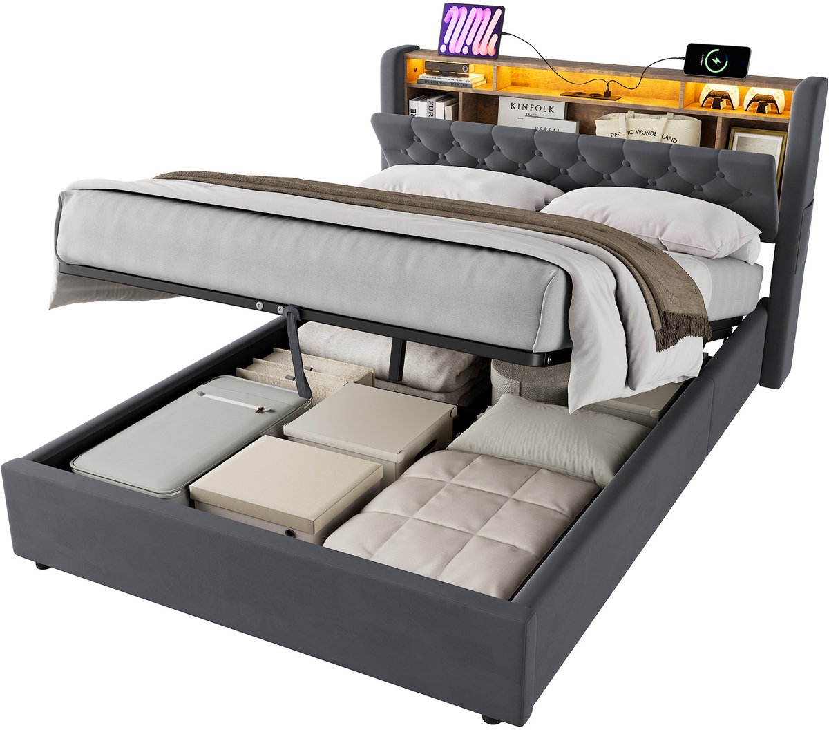 MODFU Gestoffeerd Bed 140x200 cm – 218,5x150x100 cm – Met LED, hydraulische opbergruimte, USB & stopcontact – Fluweel donkergrijs