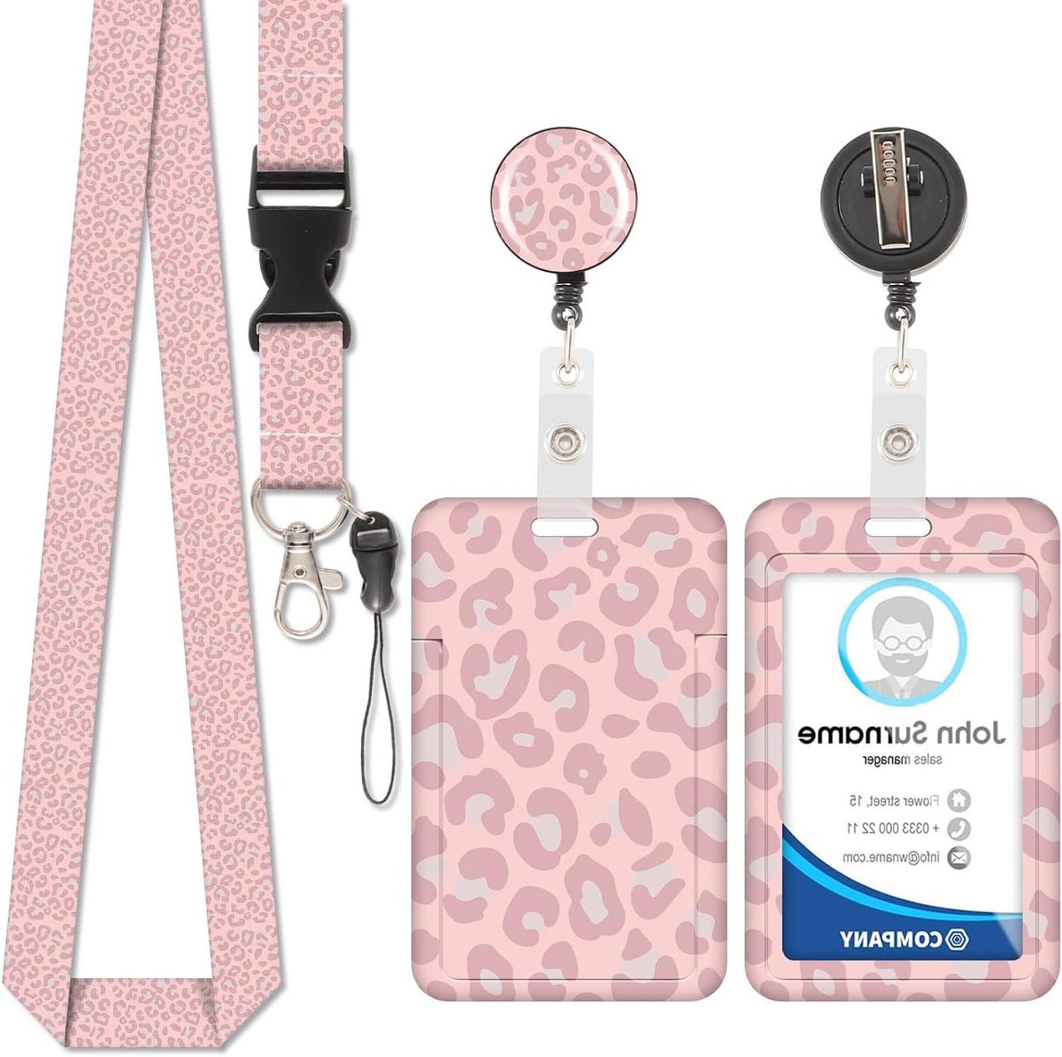 Kaarthouder Lanyard - Badgehouder ID - Toegangskaart Tonen - Uittrekbaar Koord - 63 cm koord - Roze Luipaard
