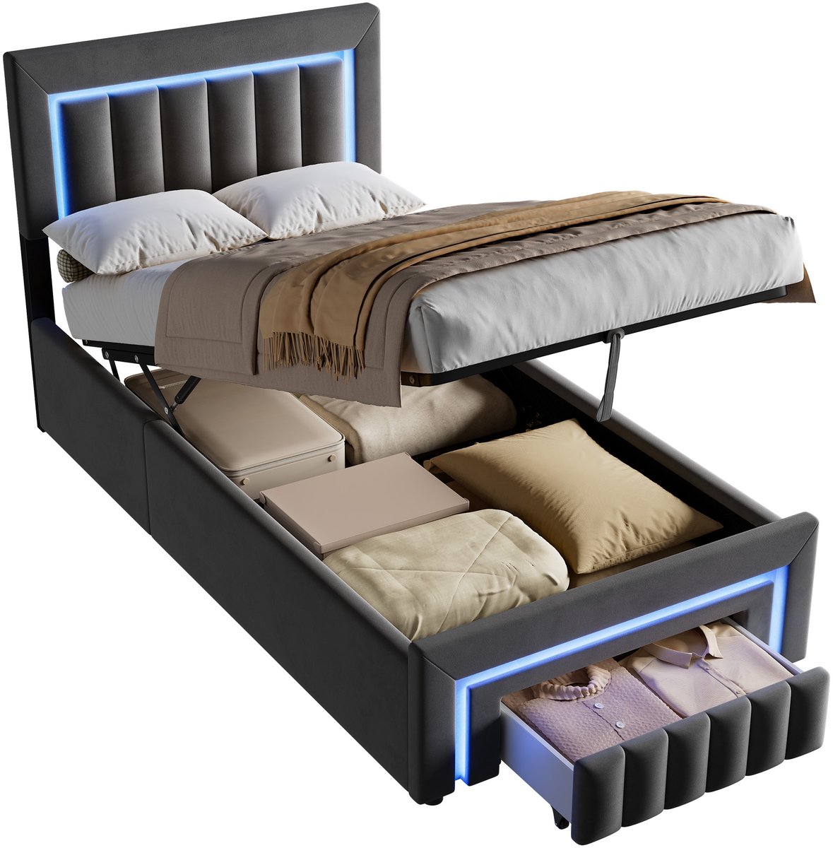 MODFU Gestoffeerd Bed 90x190 cm – 197,5x90x107,5 cm – Met LED, hydraulische opbergruimte en lade – Fluweel donkergrijs