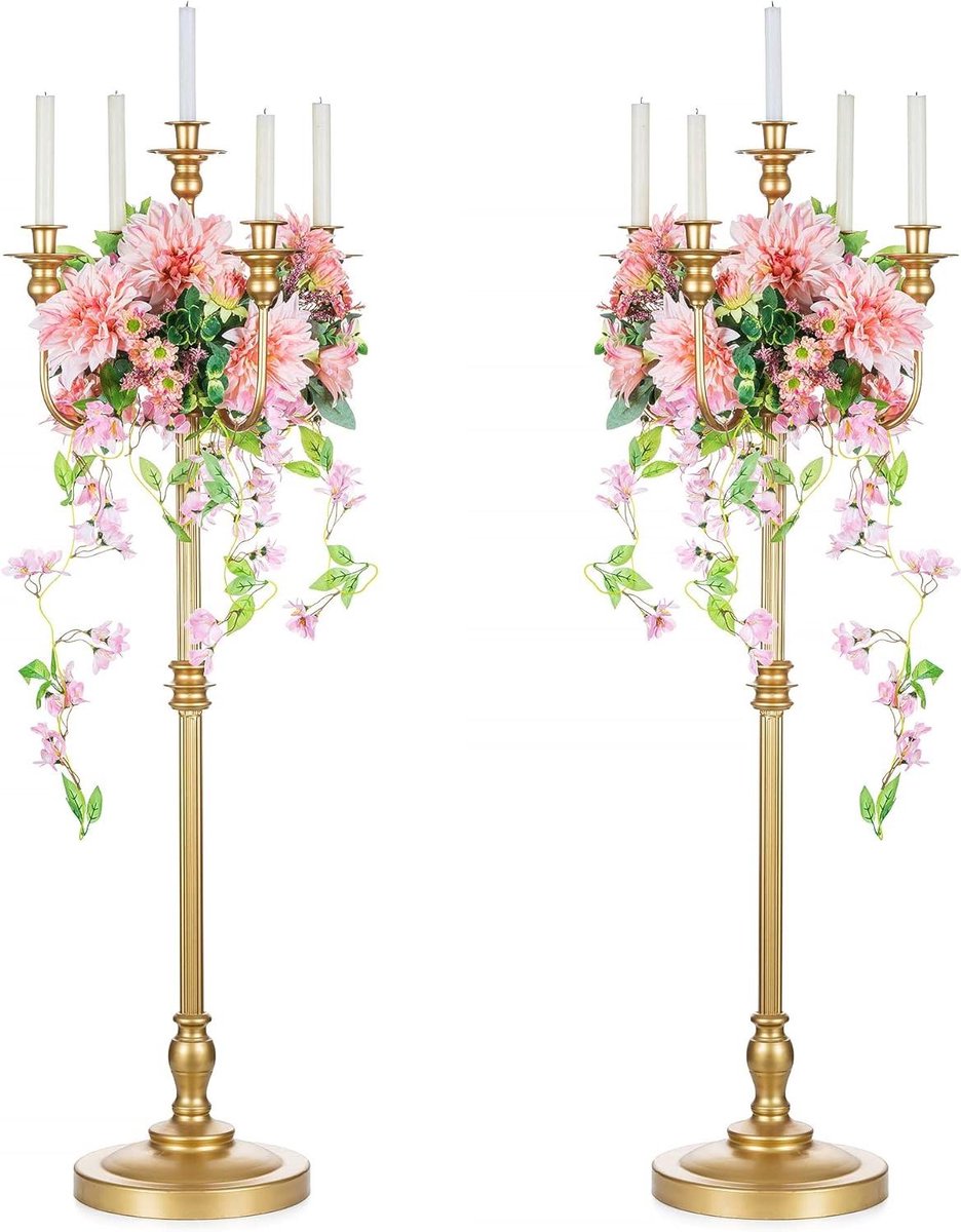 Kandelaar Set - Bloemenstandaard - Feestelijke Decoratie - Gouden Afwerking - 125cm Hoog - Goud