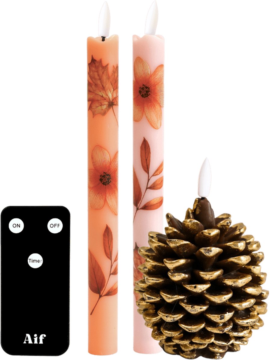 LED Dinerkaarsen met Bloemenprint + Dennenappel - Cadeauset - Incl. Afstandsbediening - Aifcandles