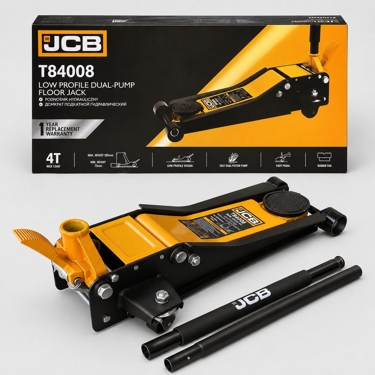JCB Professionele Hydraulische Krik - 4 ton - Garagekrik Lage Profiel Krokodiltype, met 2 Pompen en Pedaal - 75mm - 505mm