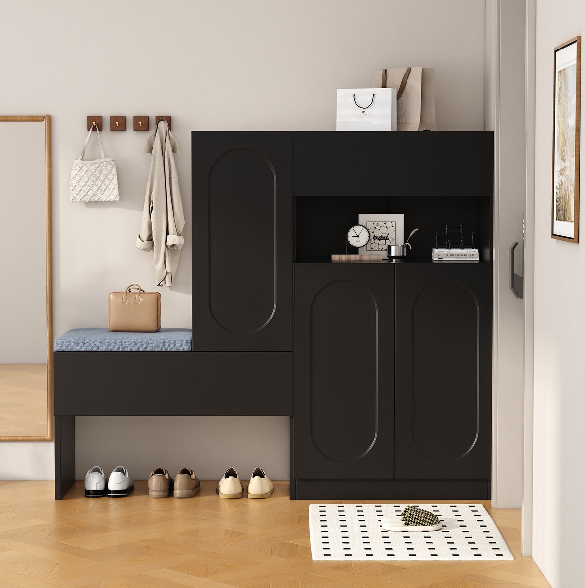 HAUSS SPOLE Schoenenkast - 2-in-1 Met Zitting En Klepdeuren - Met Verstelbare Vakken Voor Hal En Entree - Spaanplaat - 130x35x110 Cm - Zwart