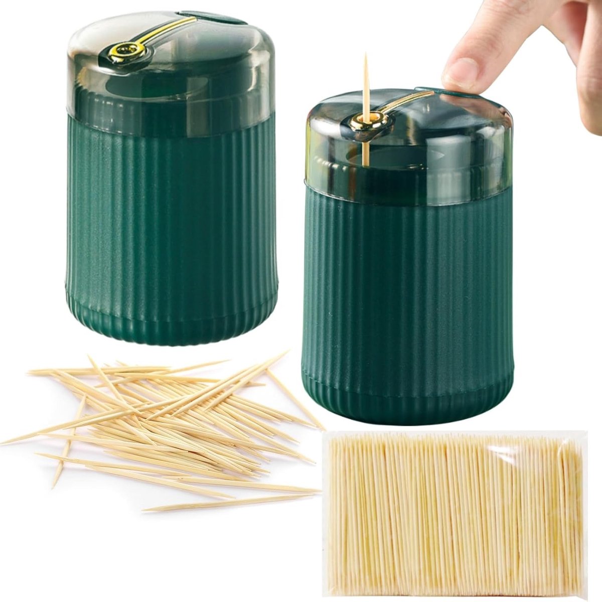 Automatische tandenstokerdispenser, set van 2, handig voor gezinnen, restaurants en hotels, praktisch en gebruiksvriendelijk, donkergroen