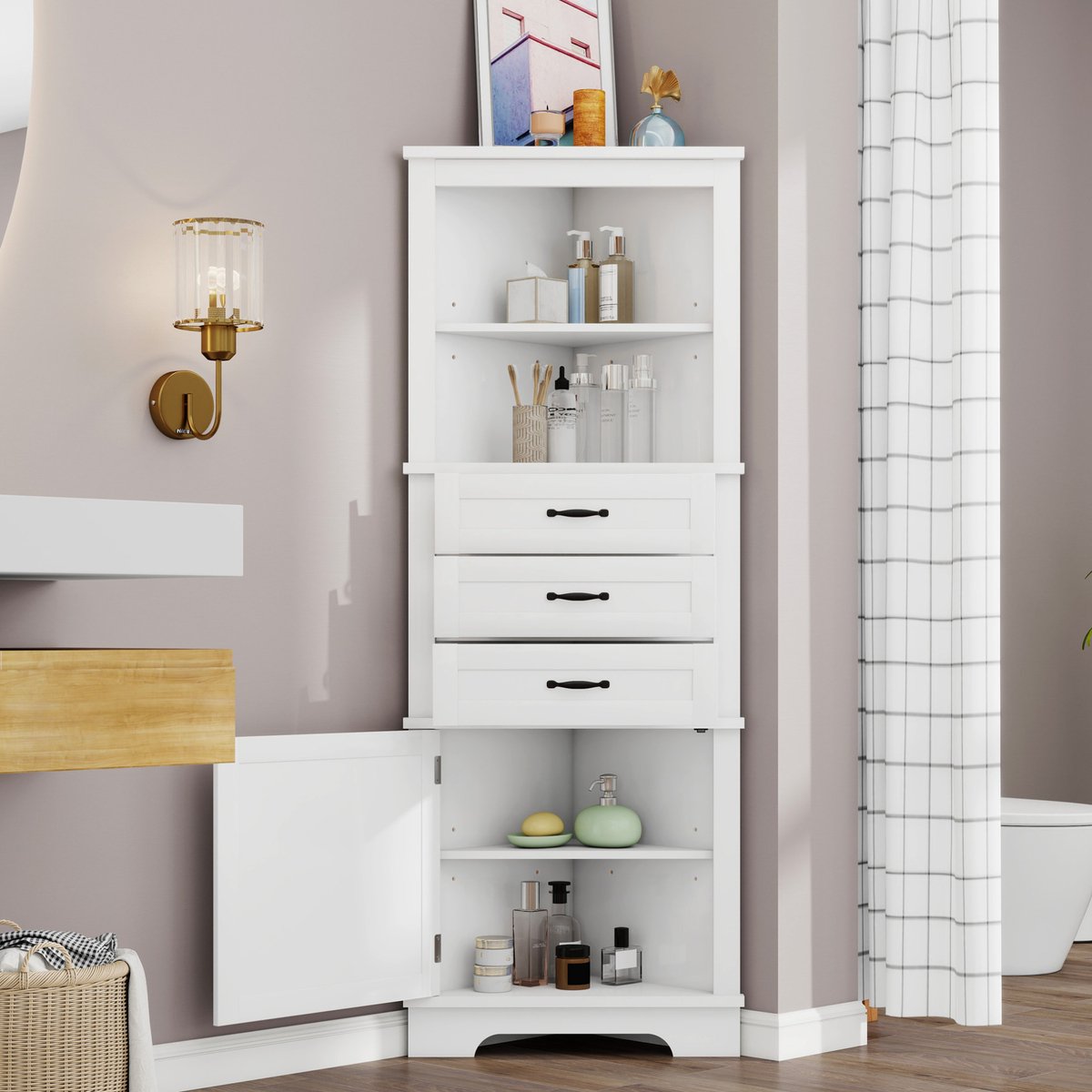 MIVRAY Badkamerkast - Hoekkast Met 3 Laden En Open Vakken - Ruimtebesparend Voor Badkamer - MDF - 57,7x46x167,5 cm - Wit