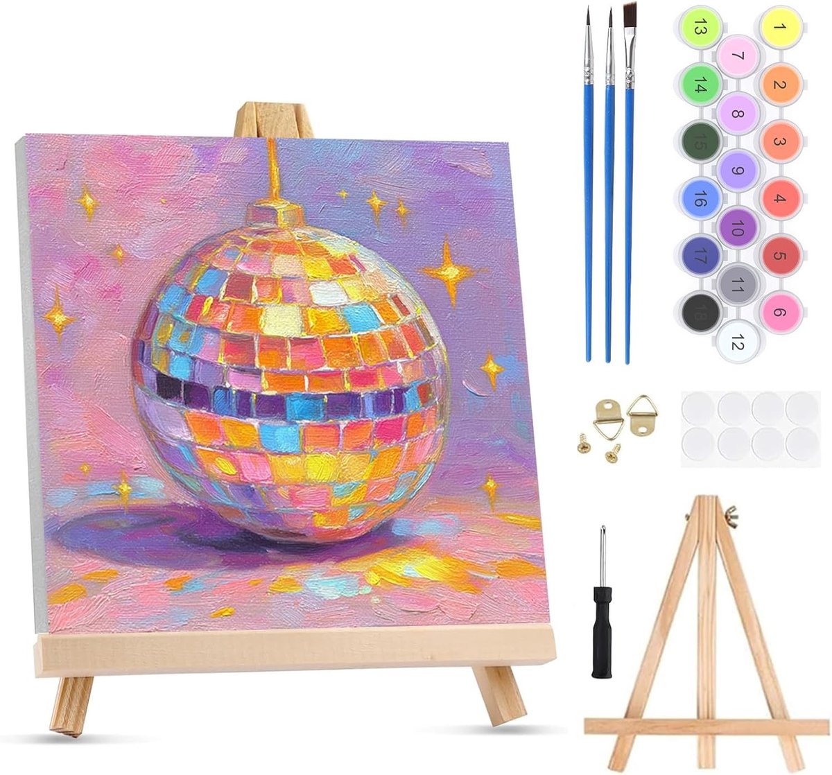 Volwassen Schilderen op Nummer met Frame en Easel - Disco Bal Schilderkit, Fantasie Olieverf voor Wanddecoratie (20x20cm)