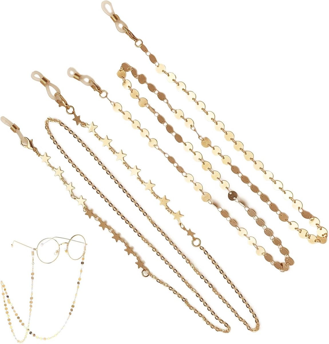 Set van 2 Brillenkettingen met Sterren en Sequins - Zonnebrilhouder voor Dames, Heren en Kinderen - Goudkleurige Accessoire voor Brillen