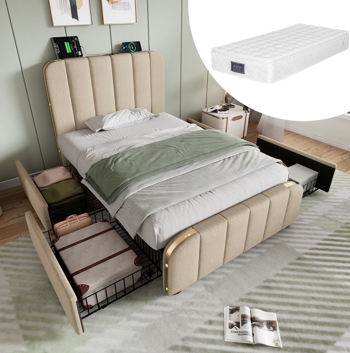 FloraGrace Gestoffeerd Bed 90x200 cm - USB en Type C Oplaadpunt - Met 4 Laden - Eenpersoonsbed - Stof en Metaal - Beige - Met Matras