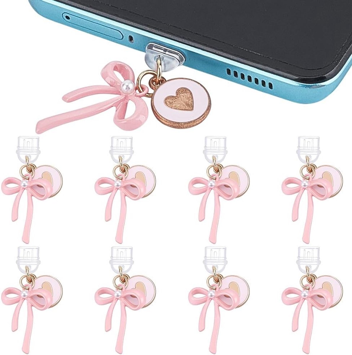 8 Stuks Dust Plug Charm, Roze Strik USB C Charms voor E-Reader Poortbescherming en Accessoires met Legering Hangers voor Type C Oplaadpoort, Perfect Cadeau voor Boekliefhebbers en Lezers
