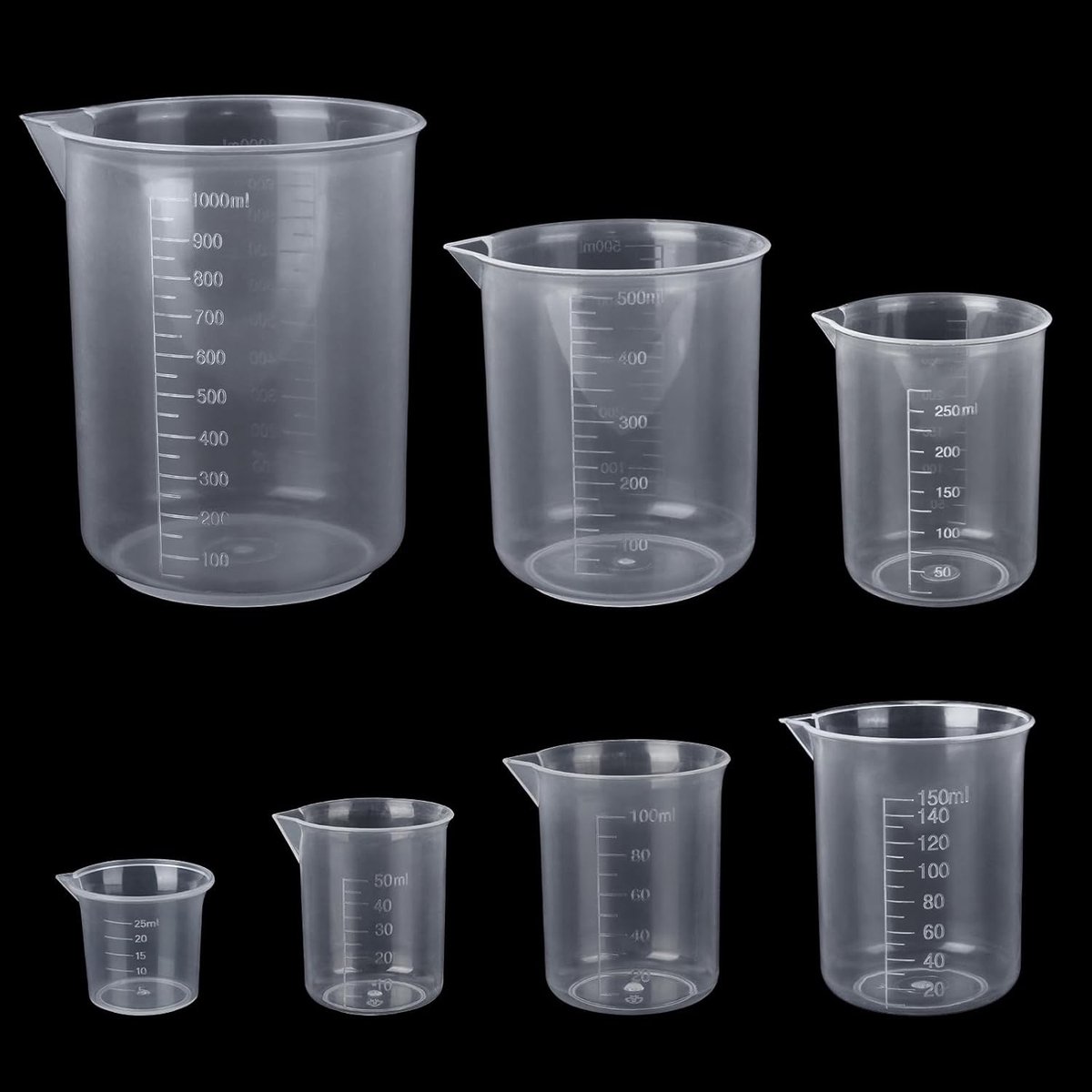 Set van 7 Maatbekers van Plastic met Schaal voor Keuken, Laboratorium en Wasmiddel - Capaciteit 25ml tot 1000ml