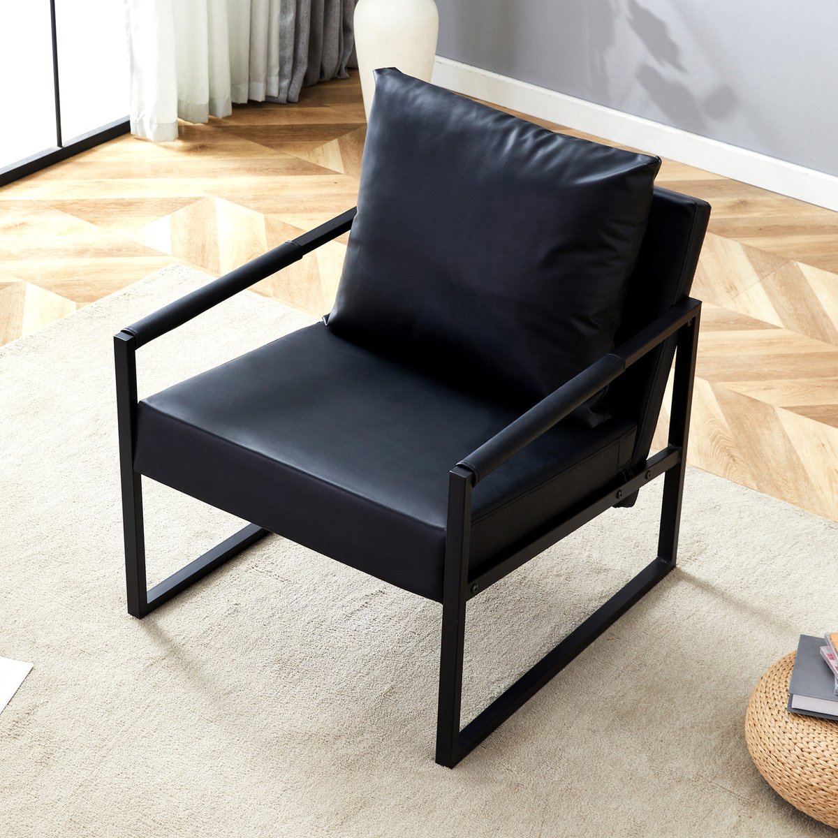 MIVRAY Fauteuil 68,6 x 75,4 x 75,2 cm - Compacte Leesstoel Met Armleuningen - Voor Woonkamer Slaapkamer En Kantoor - Metaal En Kunstleer - Zwart