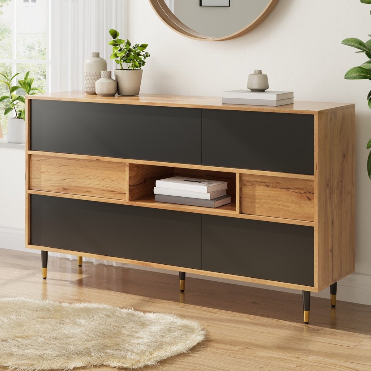 KOMHTOM Dressoir - 2 Deuren - 2 Lades - Zwart - Hout - Woonkamer Eetkamer Hal - Industrieel Design - Opbergkast met Open Vak - Sideboard Kast - Modern Meubel - MDF Frame - Opbergruimte voor Keuken Slaapkamer