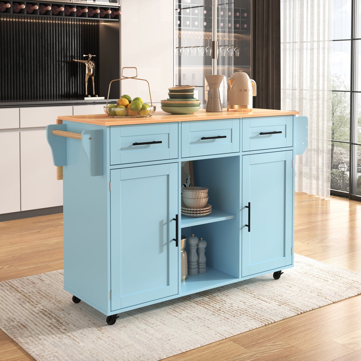 MIVRAY Keukenkast - Uitklapbaar Werkblad Met 3 Laden En Opbergruimte - Voor Keuken En Eetkamer - MDF Houtlook Blauw - 139x46x91,5 Cm