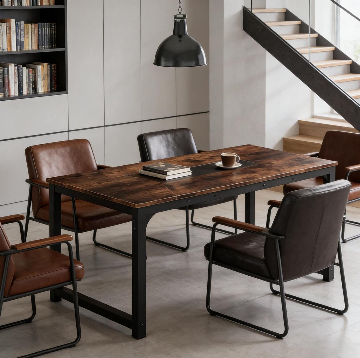 MIVRAY Eettafel Rechthoekig Industrieel Van Metaal En Hout Voor 6 Tot 8 Personen Zwart Rustiek Bruin 180 X 90 X 77 Cm
