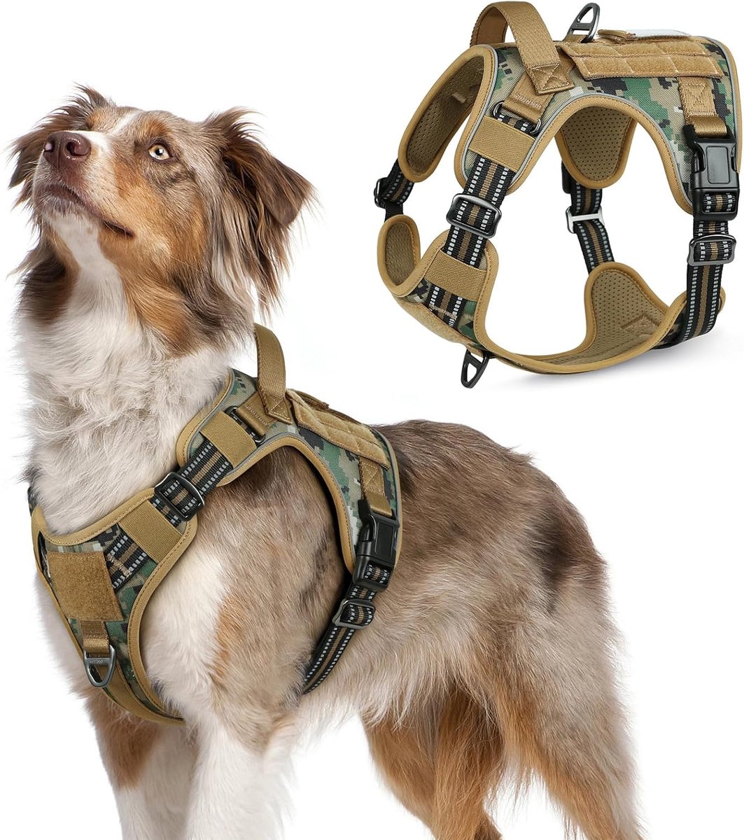 Thijox - Hondentuig No-Pull, Tactisch Hondenharnas met Molle Paneel en Handvat, Verstelbaar Reflecterend Harnas voor Middelgrote Honden, Camouflage Br