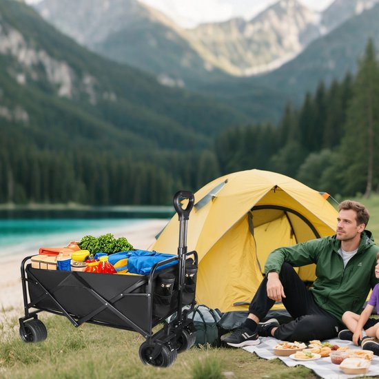 Evaux Boutiqu Bolderkar - Opvouwbaar - 150L - Transportwagen met verstelbare handgreep, robuuste stevige wielen, Inklapbare tuinwagen - Bolderkar voor strand, boodschappen en buiten - 90 x 47 x 96 cm - Zwart — afbeelding 4