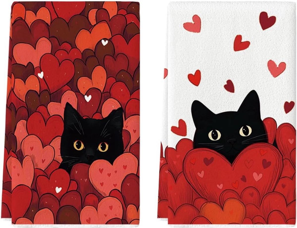 SnelShoppen - Keuken Handdoeken Set van 2 - Love Heart Black Cat - 42x65cm - Zachte en Absorbente Theedoeken voor Valentijnsdag en Seizoensdecoratie -