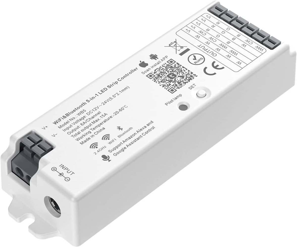 Thijox - LEDstrip 5-in-1 WiFi Controller, RGB RGBW WW+CW, Smart Home Compatibel met Alexa en Google Home, App Bediening, 2,4 GHz, 30m Bereik, Voor Fee