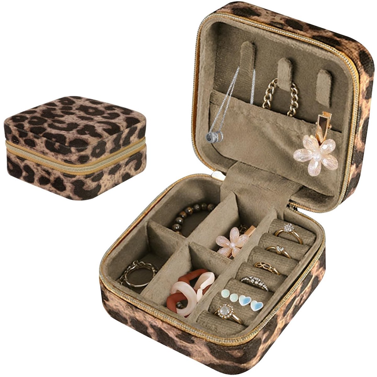 Dailygoods- Sieradendoosje Reis - Draagbare Sieradenhouder - Luipaardpatroon - Fluwelen Voering - Robuuste MDF-Constructie - Cadeau voor Dames - Sieradenkistje