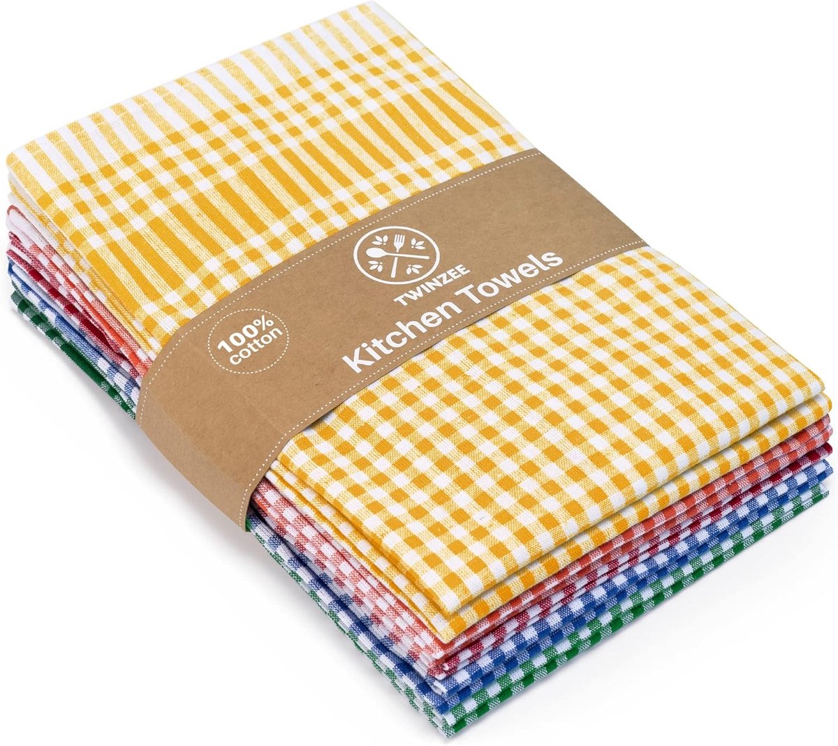 SnelShoppen - Set van 5 Theedoeken Katoen 100% - 47 x 67 cm - Extra Absorberend - Keukenhanddoeken in Blauw, Rood, Groen, Oranje, Geel - Ideaal voor D