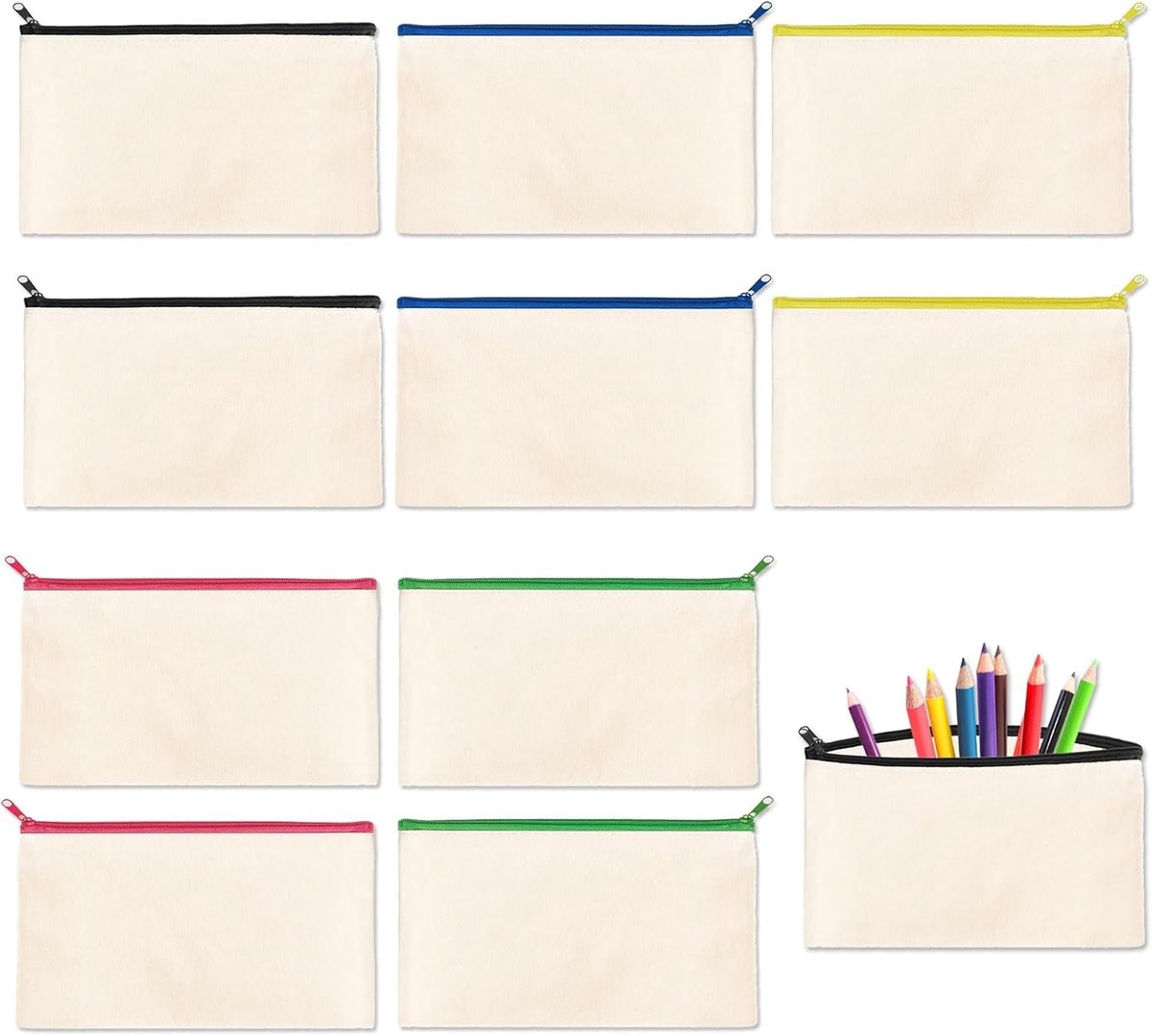Canvas Zipper Tas - 10 Stuks Beige, Multifunctionele Pennentas voor DIY, Schilderen en Creatieve Projecten, 21x13cm
