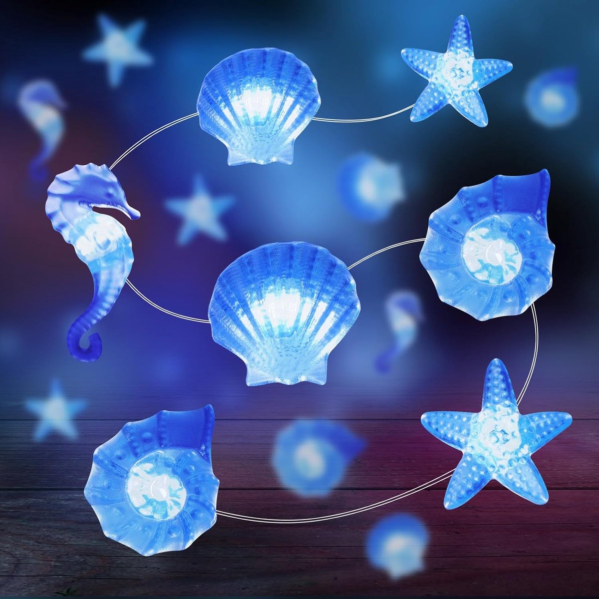 Thijox - Lichtslinger 2 Meter met 20 LED Koperdraad Verlichting, Zeethema met Zeepaardjes en Zeesterren, Draadloze Sfeerverlichting voor Slaapkamer, T