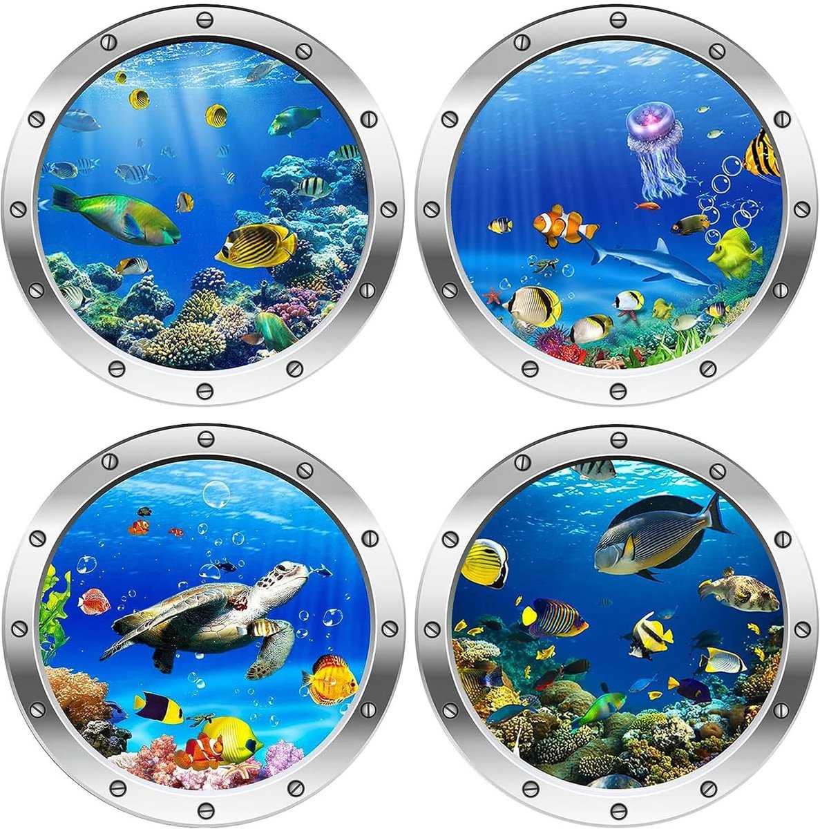 Dailygoods- Wandtattoo 3D onderwaterwereld - Muurstickers kinderkamer - Muurstickers badkamer - Zeedieren stickers - 4 stuks - PVC materiaal 30 x 30 cm - Muursticker
