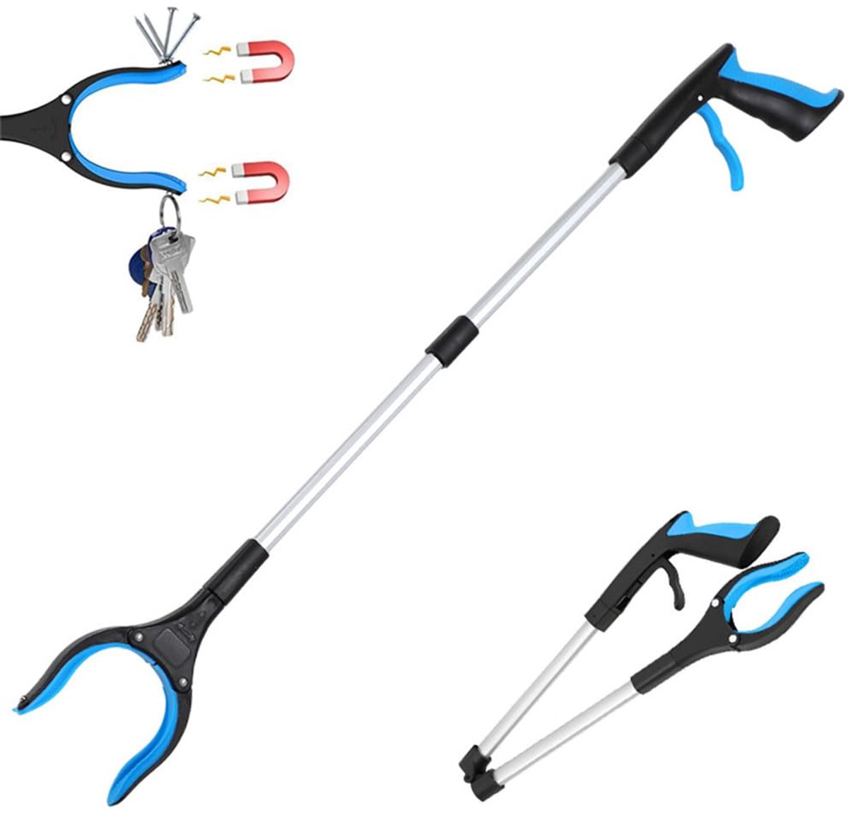 Grijptang voor senioren, opvouwbare grijper, aluminium afvaltang met magneetpunten en draaibare kop, vuilnisgrijper voor afvalafvoer, afvalverzameling (blauw)