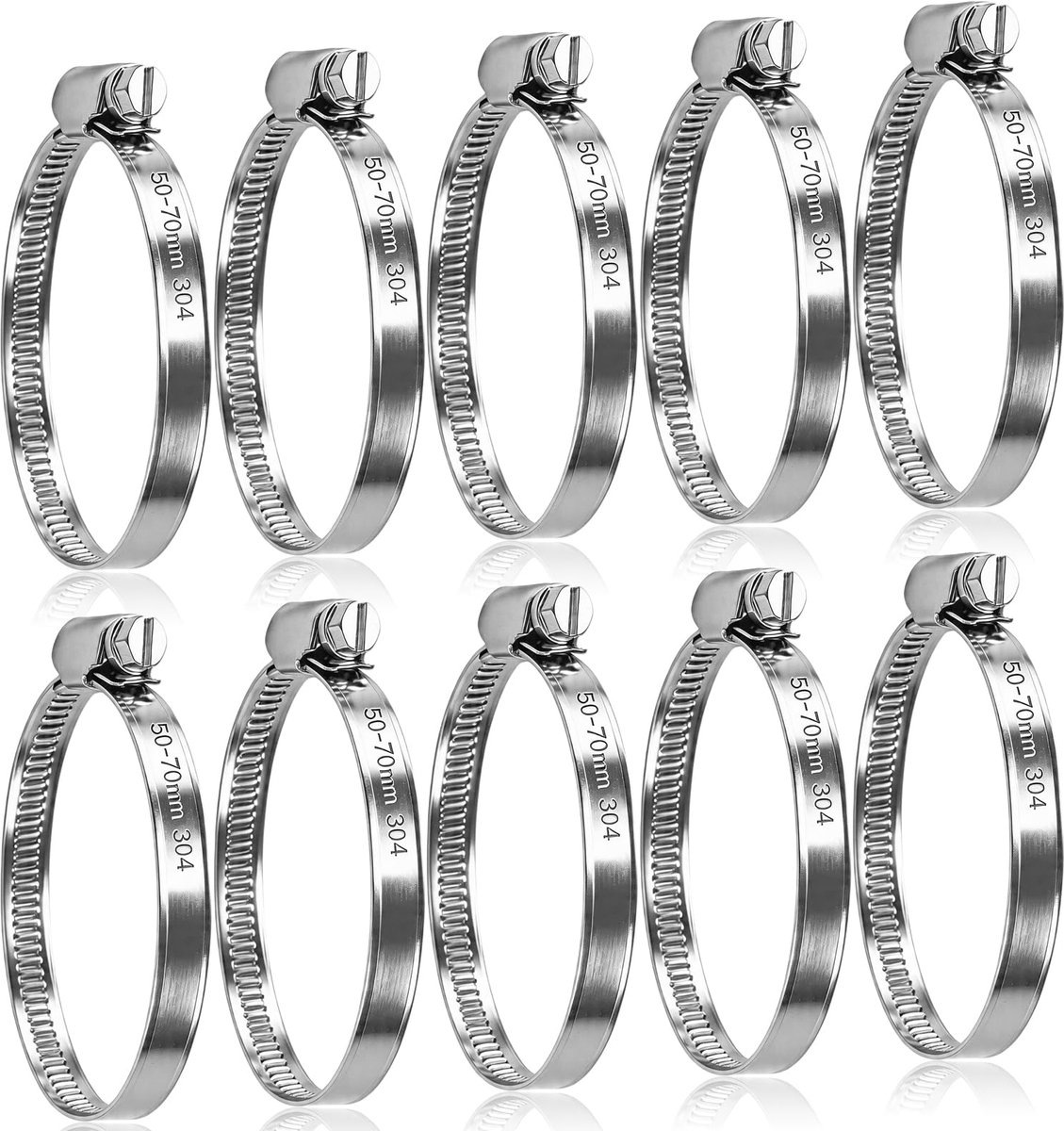 10 stuks slangklemmen, 50-70 mm, 304 roestvrij staal, verstelbare slangklemmen, slangklemmen, buisklem, scharnierboutklem, zuigklem voor benzineslang, dieselleiding