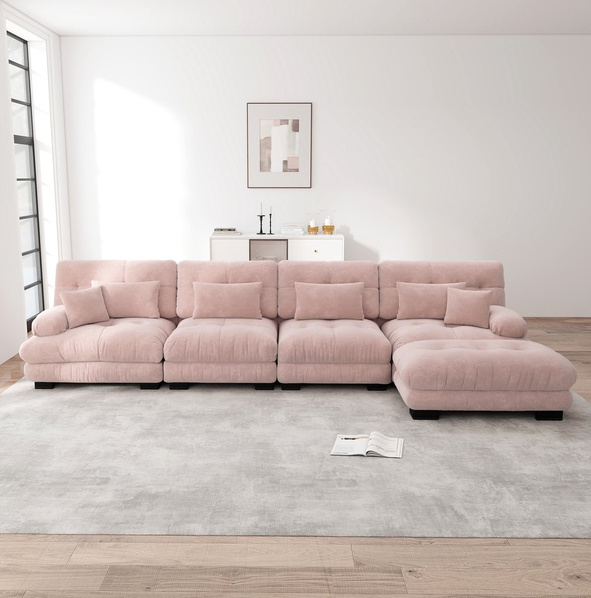 MIVRAY Hoekbank 406 x 145 cm - Modulaire 4-Zits Bank Met Verplaatsbare Ottoman - Voor Woonkamer - Chenille Roze