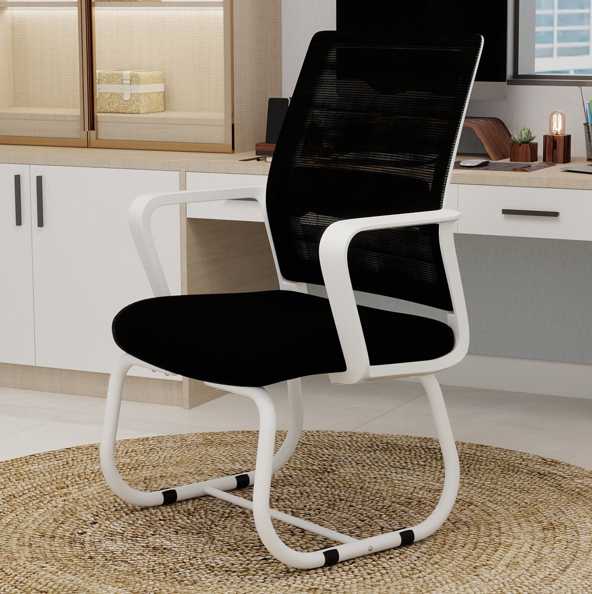 MIVRAY Bureaustoel 55 x 45 x 90 cm - Mesh Rugleuning Met Vaste Armleuningen - Voor Kantoor En Woonruimte - Metaal Zwart Wit