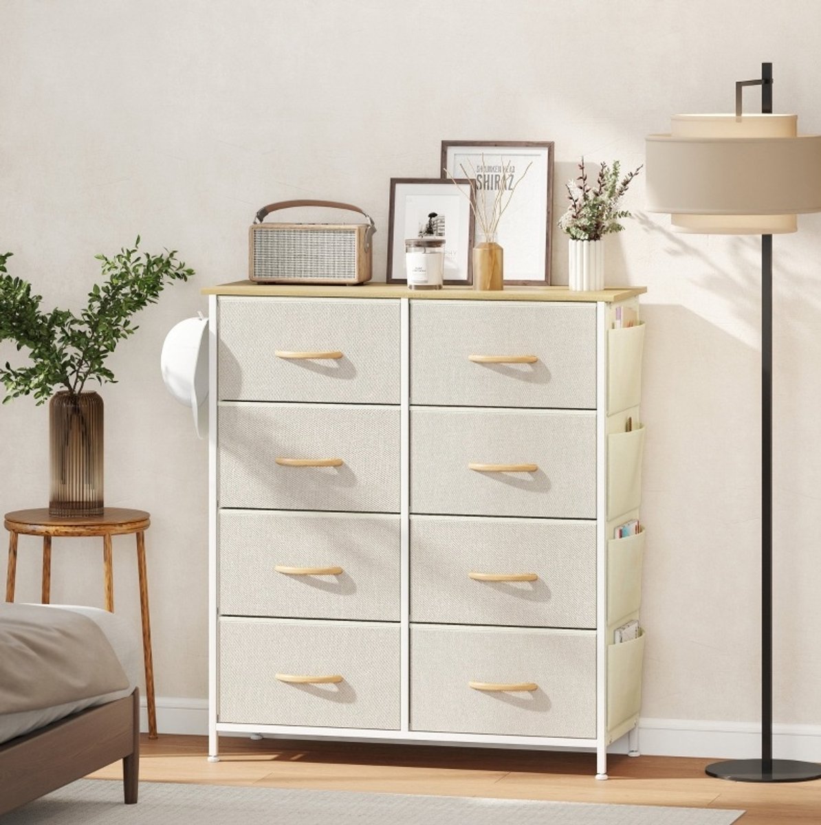 MEUNIQ dressoir met 8 stoffen lades, 86 x 30 x 94,5 cm, stalen frame, 4 opbergvakken en 2 haken, opbergkast voor slaapkamer, hal of woonkamer, beige