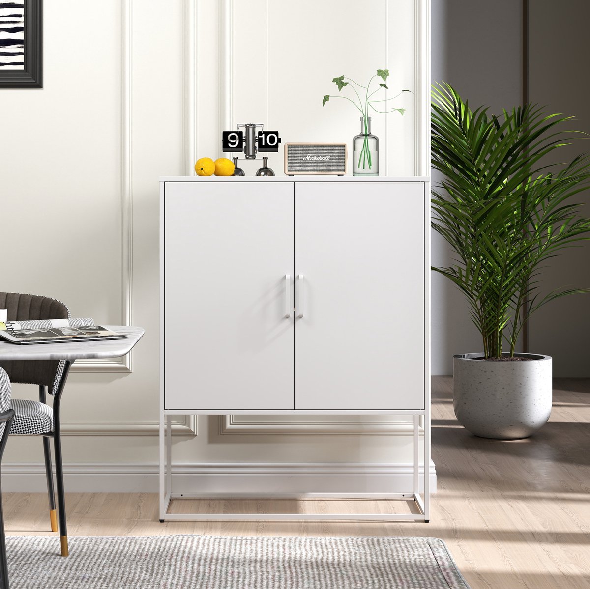 MEUNIQ metalen opbergkast dressoir 85 x 40 x 109 cm met 2 vaste planken, magnetische deuren en anti-kantelbeveiliging, vrijstaande stalen kast voor woonkamer, keuken of kantoor, wit