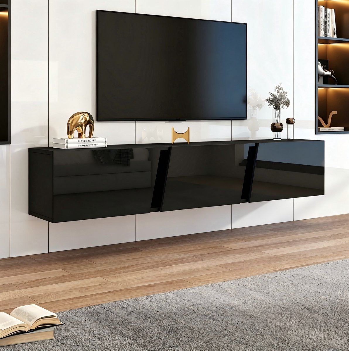 MIVRAY Tv-Meubel - Wandgemonteerd Met Ledverlichting En 3 Klepdeuren - Voor Woonkamer En Tv Tot 75 Inch - Hoogglans Zwart - 180x35x30 Cm