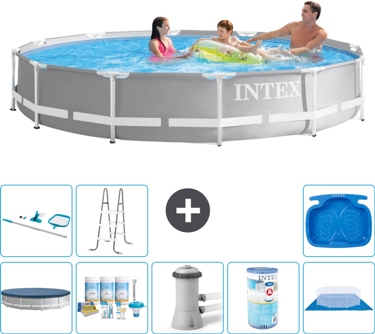 Intex Rond Prism Frame Zwembad - 366 x 76 cm - Grijs - Inclusief Afdekzeil - Onderhoudspakket - Zwembadfilterpomp - Filter - Grondzeil - Schoonmaakset - Ladder - Voetenbad - 9-delig