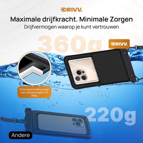 Zwarte DRIIV waterdichte telefoonhoes met drijvend vermogen tot 360g, met schuimvulling.