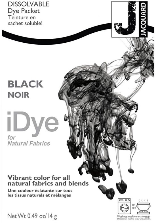 Teinture iDye noire pour tissus naturels, 14 grammes. Inclut le logo "Jacquard".