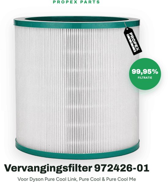 Cilindrisch HEPA-filter met groene randen, PROSPEX-label, 99,95% filtratie en de tekst 'Vervangingsfilter 972426-01'.