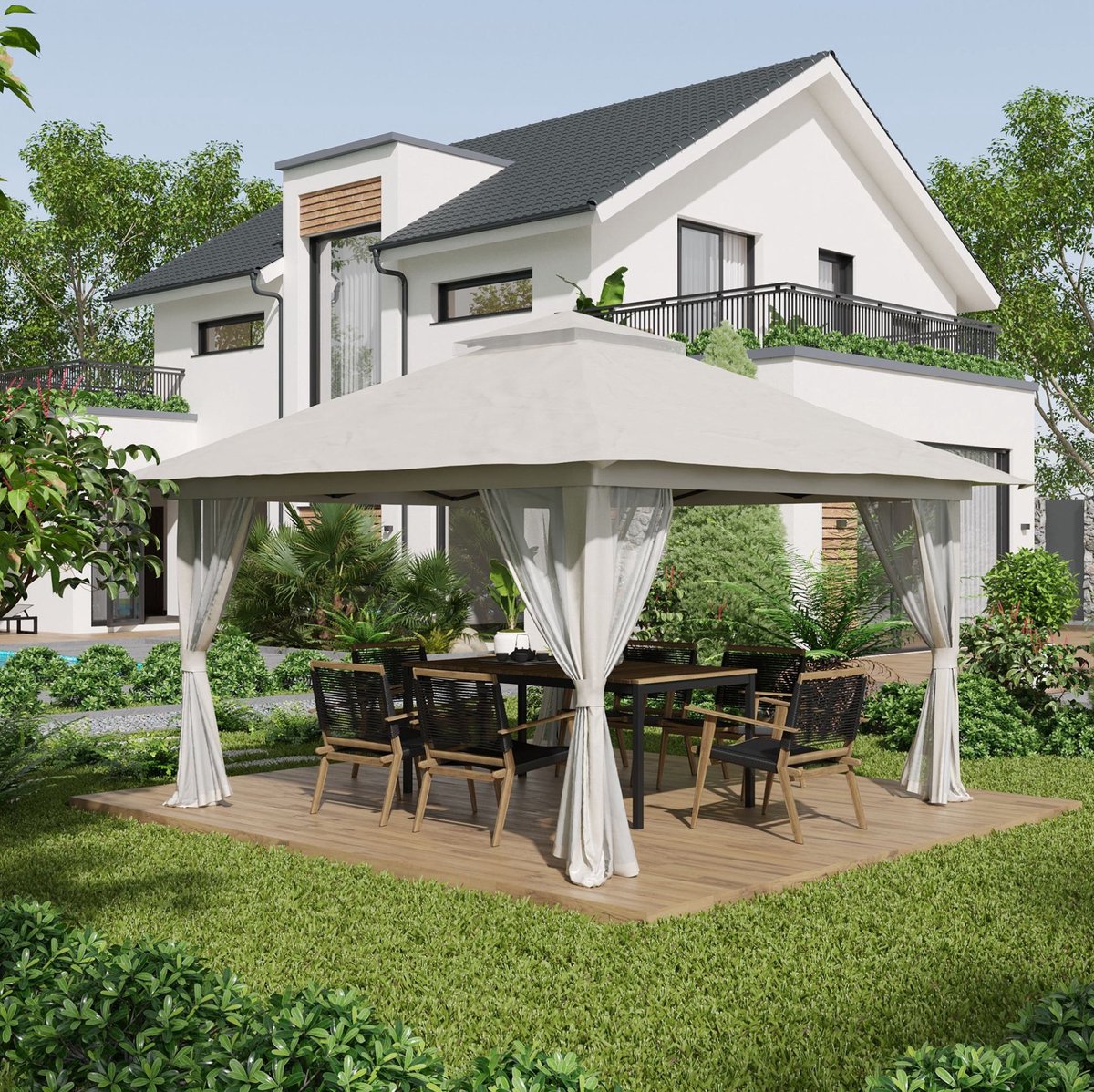 MEUNIQ Easy-up partytent 392 x 392 x 283 cm met 4 netgordijnen, dubbel dak, 3 standen hoogte instelbaar, UV50+ en draagtas met wielen, crèmewit