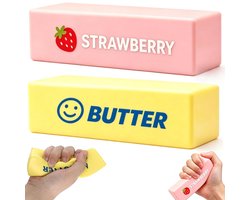 COOAU - 2 stuks Boter Squishy - Stressbal - Squishy Butter- Kwalitatieve Squishy - Aangename Geur - Geel+Roze