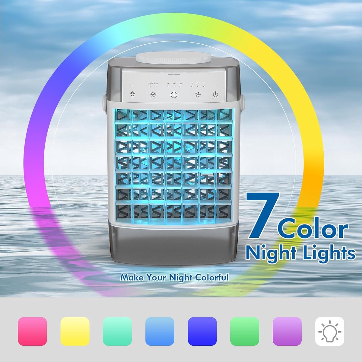 Aircooler 4-in-1 ventilator - Airco - Mobiele airco - Draagbare airconditioner – 3 snelheden & 3 standen – 2-8 uur timer – 7 kleurenverlichting – AC-unit met 1000 ml watertank – voor slaapkamer, kantoor, thuis en op de camping thumbnail 3