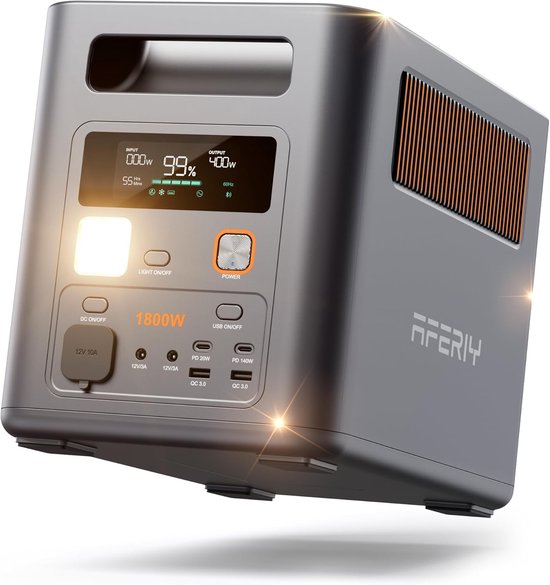 Grijze AFERIY powerstation met digitaal display dat 99% aangeeft, 1800W, en diverse aansluitingen.